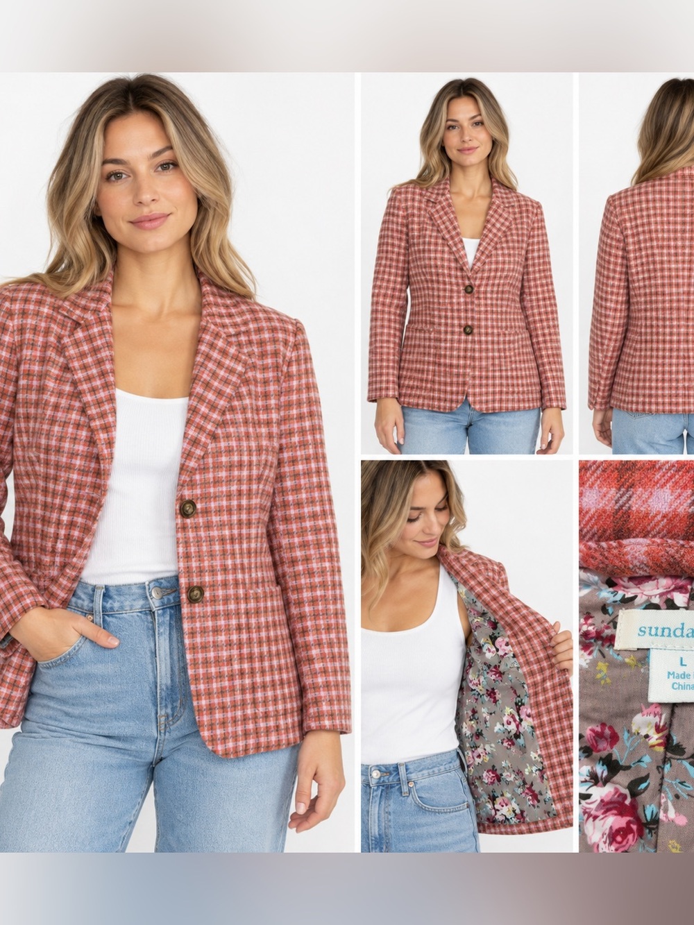 Sundance The Lisa Plaid Wool Blend Blazer Women’s Large Pink Orange Floral Linin